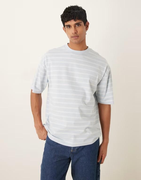 エイソス メンズ トップス Tシャツ ASOS DESIGN oversized tshirt and white stripe Blue white ホワイト