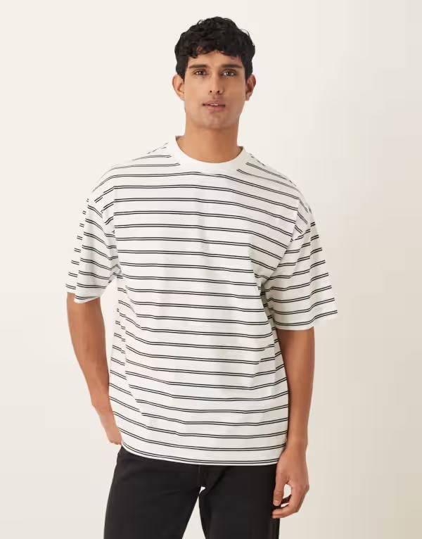 エイソス メンズ トップス Tシャツ ASOS DESIGN oversized Tshirt and black stripe COCONUT MILK BLACK ブラック