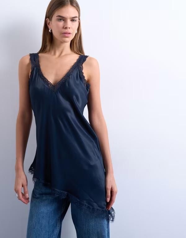 トップショップ レディース トップス タンクトップ サテン レース Topshop satin lace insertunic top Navy ネイビー