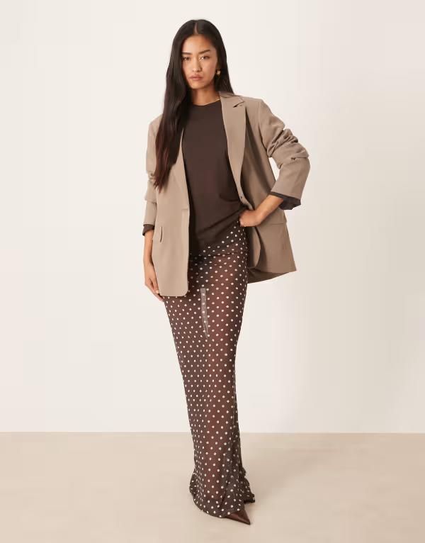 エイソス レディース ボトムスカート ドット柄 ドット メッシュ シアー マキシ ASOS DESIGN mesheer maxi skirt polka dot Brown ブラウン