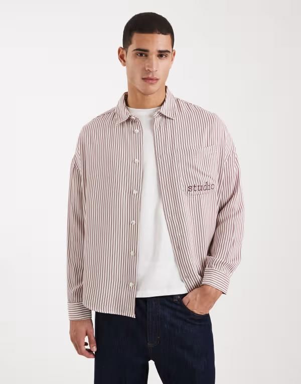 エイソス メンズ トップス シャツ ASOS DESIGN oversized striped shirt with chest embroidery BEIGE ベージュ