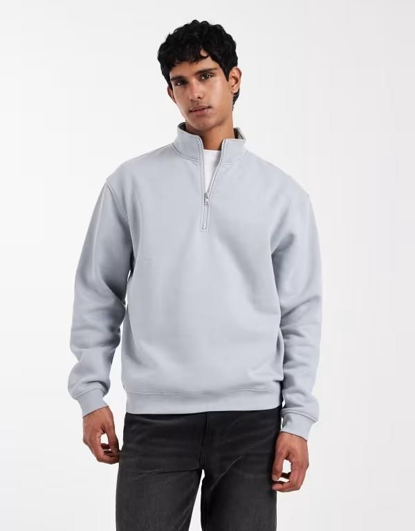 エイソス メンズ アウター パーカー・スウェット ハーフジップ シャツ ASOS DESIGN essentials oversized quarter zip sweatshirt Quarry グレー