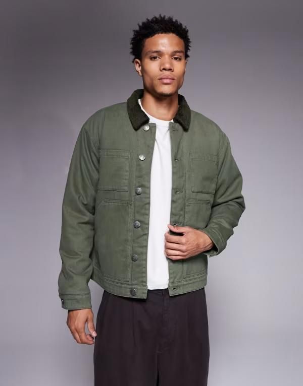 グッドフォーナッシング メンズ アウター ジャケット・ブルゾン コントラスト Good For Nothing trucker jacket in sage green with contrast collar GREEN グリーン
