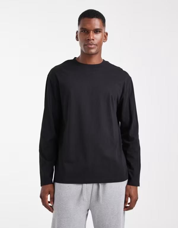 エイソス メンズ トップス Tシャツ クルーネック ASOS DESIGN Essentials relaxed crew neck long sleeve Tshirt Black ブラック