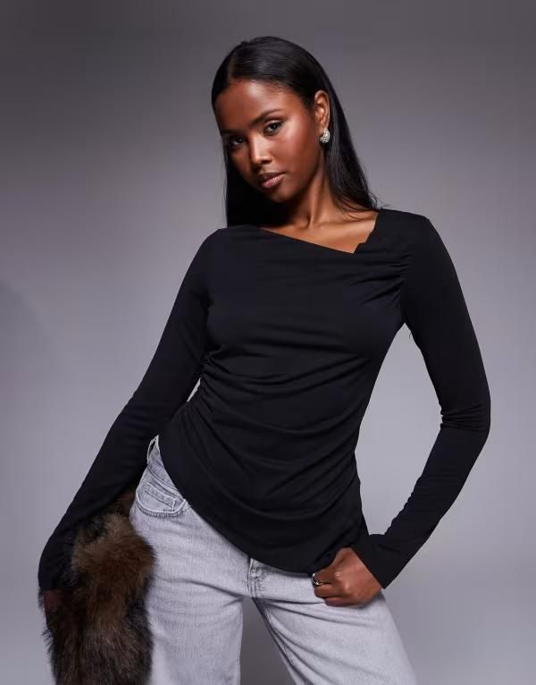 エイソス レディース トップス Tシャツ アシンメトリー ASOS DESIGN long sleeve modal top with asymmetric neckline Black ブラック