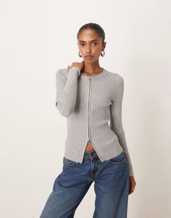 モーテル レディース アウター カーディガン リブ Moteliano ribbed long sleeve zip up cardigan Gray グレー
