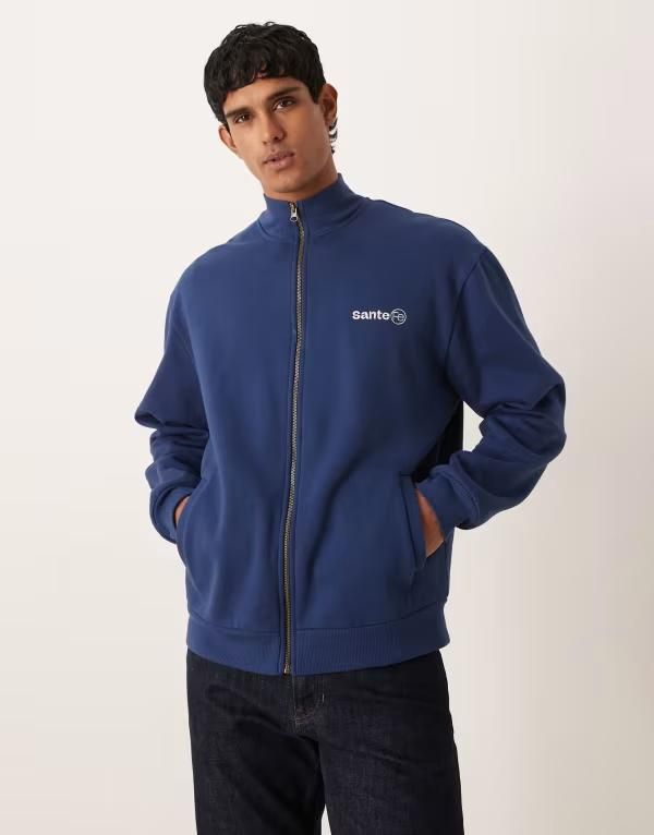 エイソス メンズ アウター パーカー・スウェット リラックスフィット プリント シャツ ASOS DESIGN relaxed fit zip up sweatshirt with embroidery print NAVY ネイビー 9,605円
