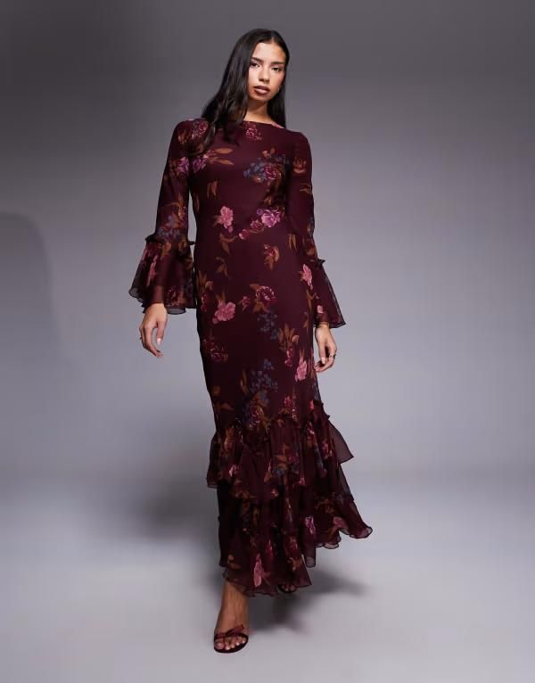エイソス レディース トップス ワンピース ティアード シフォン フラワー柄 プリント フリル マキシ フラワー ASOS DESIGN tiered ruffle long sleeve chiffon maxi dress floral print Bur