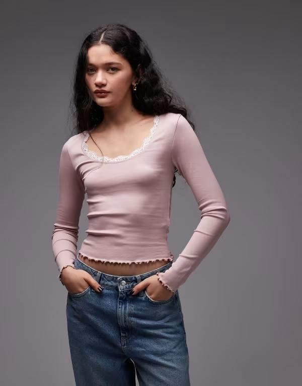 エイソス レディース トップス Tシャツ コントラスト レース ASOS DESIGN scoop neck long sleeve top with contrast lace in dusty pink ピンク