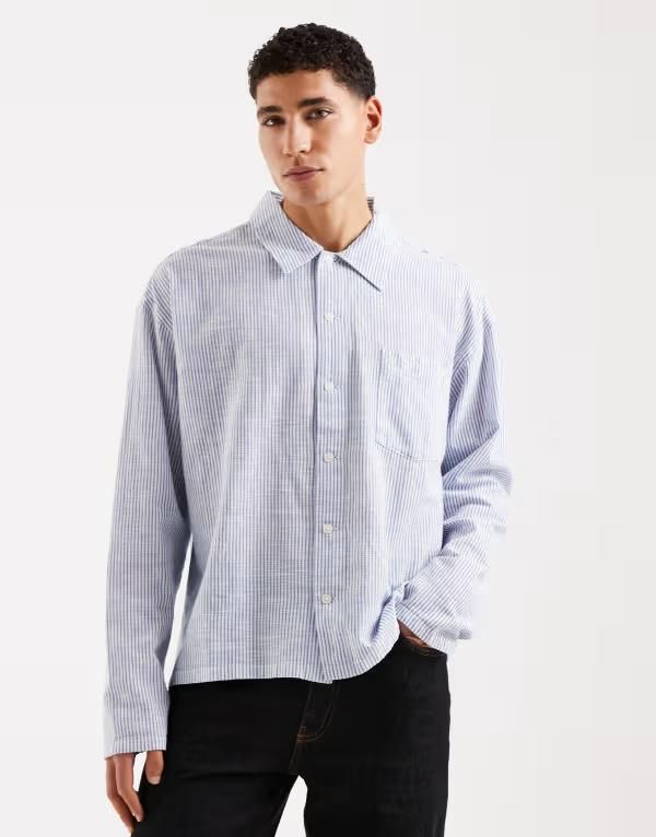 ジャック アンド ジョーンズ メンズ トップス シャツ Jack Jones boxy seersucker long sleeve shirt and white stripes Cashmere Blue ブルー