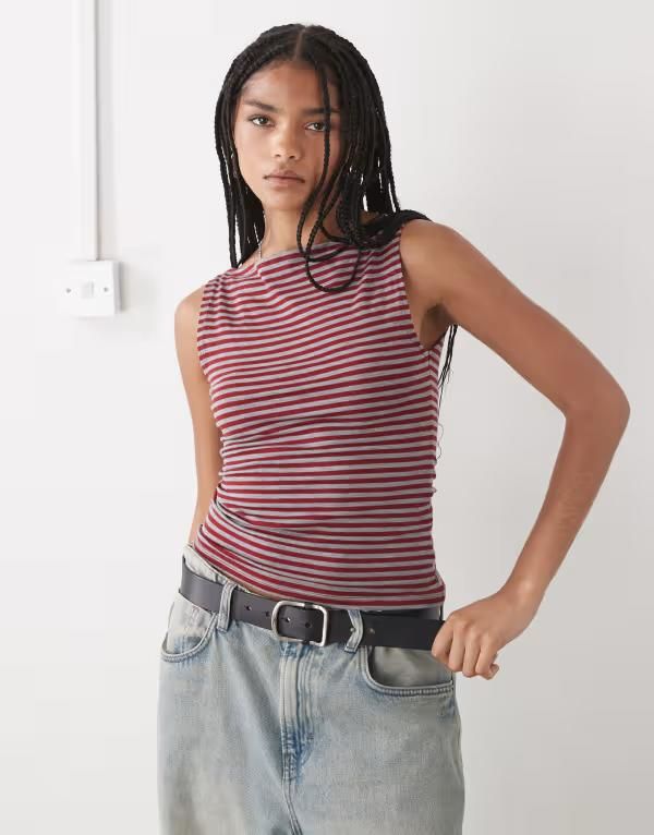 ウィークデイ レディース トップス Tシャツ Weekday Annie boat neck tank top and gray stripe Redgrey stripe グレー