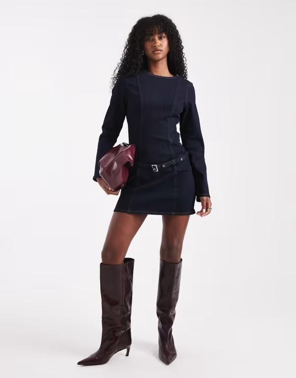 エイソス レディース トップス ワンピース スリムフィット ミニワンピース ミニ デニム ASOS DESIGN slim fit denim mini dress with skinny belt in indigo indigo インディゴ