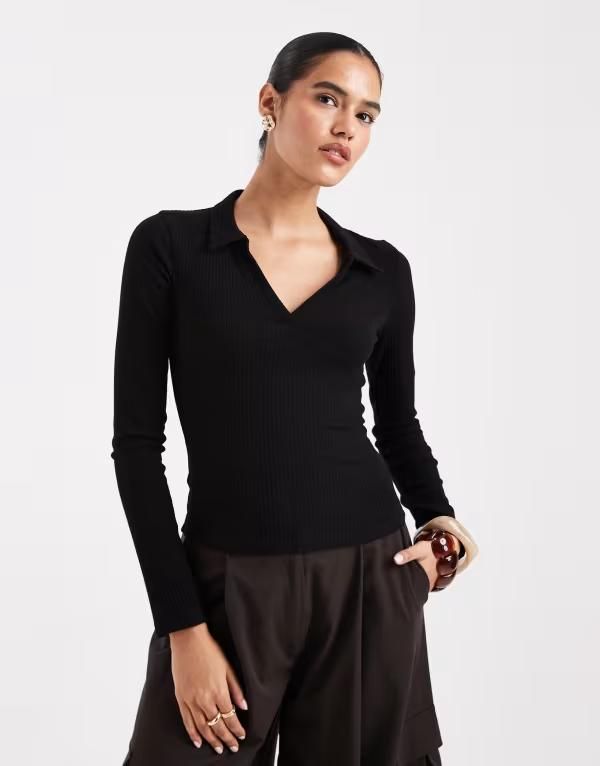 ミスセルフフリッジ レディース トップス ポロシャツ Misselfridge rib long sleeve polo top Black ブラック
