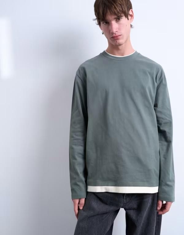 トップマン メンズ トップス Tシャツ ジャージー Topman double layer jersey long sleeve tee in sage and cream SAGE CREAM クリーム