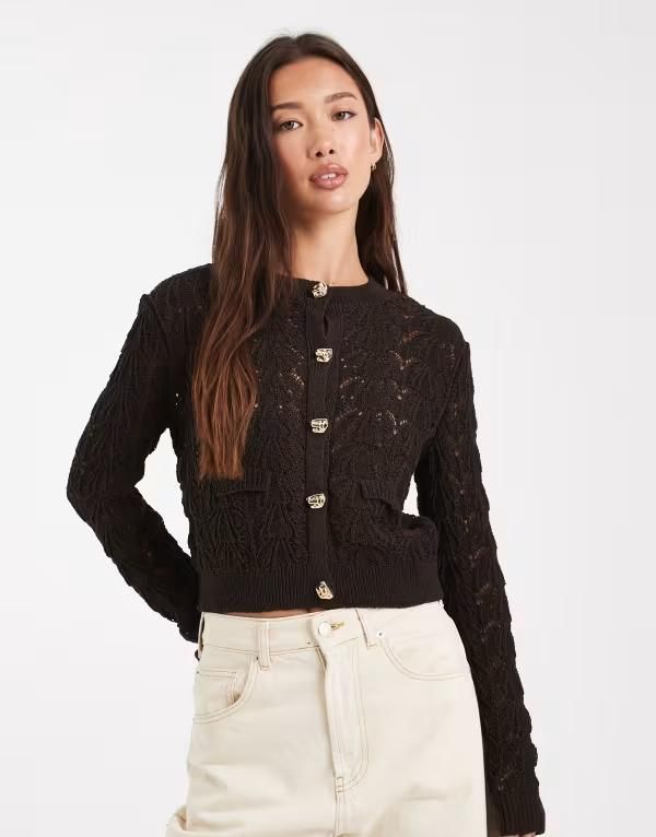 ミスセルフフリッジ レディース アウター カーディガン ニット Miss Selfridge open knit cardigan with button detail Brown ブラウン