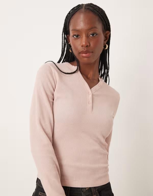 エイソス レディース トップス Tシャツ ASOS DESIGN shrunken waffle long sleeve henley tee PINK ピンク