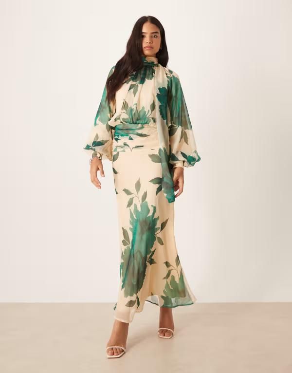 エイソス レディース トップス ワンピース シフォン ハイネック フラワー柄 ドレープリント マキシ フラワー ASOS DESIGN high neck drape chiffon maxi dress with neck tie floral print