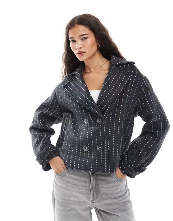 ウェンズデーガール レディース アウター ジャケット・ブルゾン Wednesdays Girl double breasted pinstripe jacket Gray グレー