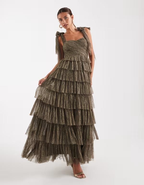 レース アンド ビーズ レディース トップス ワンピース ティアード マキシワンピース マキシ Lace Beads Bridesmaid lace bow shoulders tiered maxi dress in olive Deep olive オリー