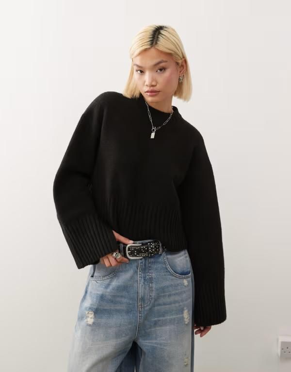 モンキ レディース アウター ニット・セーター クルーネック セーター Monki relaxed crew neck sweater Black ブラック