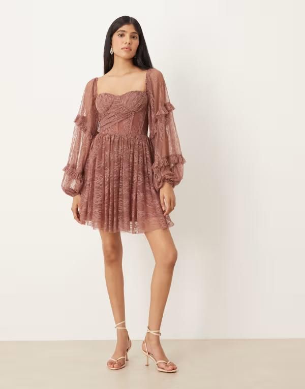レース アンド ビーズ レディース トップス ワンピース バルーンスリーブ ミニワンピース フリル ミニ Lace Beads balloon sleeve ruffle lace mini dress in rose Rose brown ブラウン