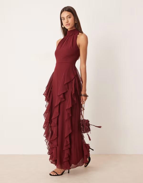 レース アンド ビーズ レディース トップス ワンピース 背中開き マキシワンピース フリル マキシ Lace Beads backless ruffle maxi dress Burgundy バーガンディ