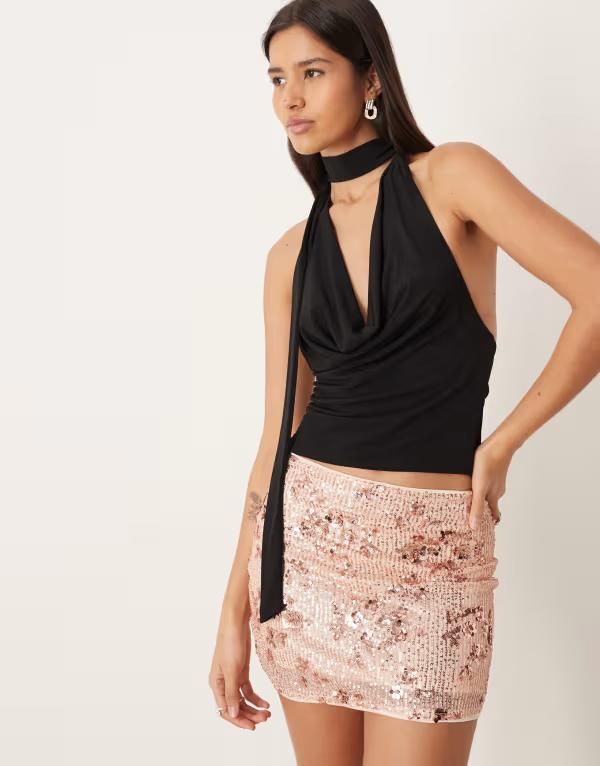 エイソス レディース ボトムスカート フラワー柄 ミニ スパンコール フラワー ASOS DESIGN florallover sequin mini skirt in rose Gold ゴールド