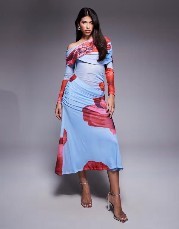 エイソス レディース トップス ワンピース マキシワンピース フラワー柄 プリント メッシュ マキシ フラワー ASOS DESIGN long sleeve slouchy bardot mesh mix maxi dress in floral print