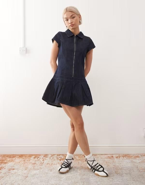 コルージョン レディース トップス ワンピース デニム COLLUSION 90s denim fitted dropped waist dress stripe STRIPE ストライプ