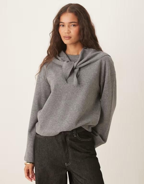 スリードベア レディース アウター ニット・セーター Threadbare softouch sweater with scarf detail in charcoal gray チャコール