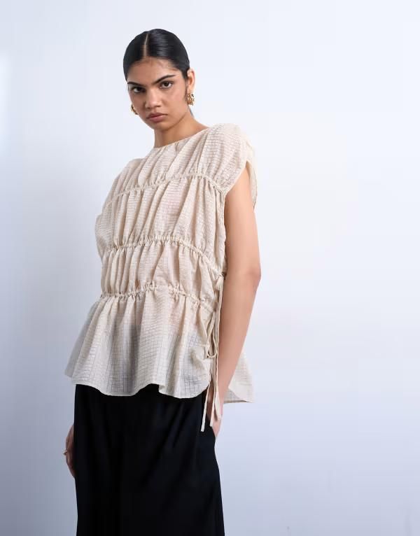 トップショップ レディース トップス タンクトップ Topshop short sleeve channelled tie side top in ecru エクリュ