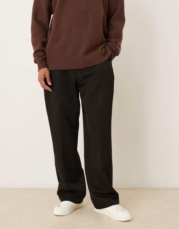 エイソス メンズ ボトムス カジュアルパンツ ワイドレッグ ASOS DESIGN wide leg dress pants with side pleats Black ブラック