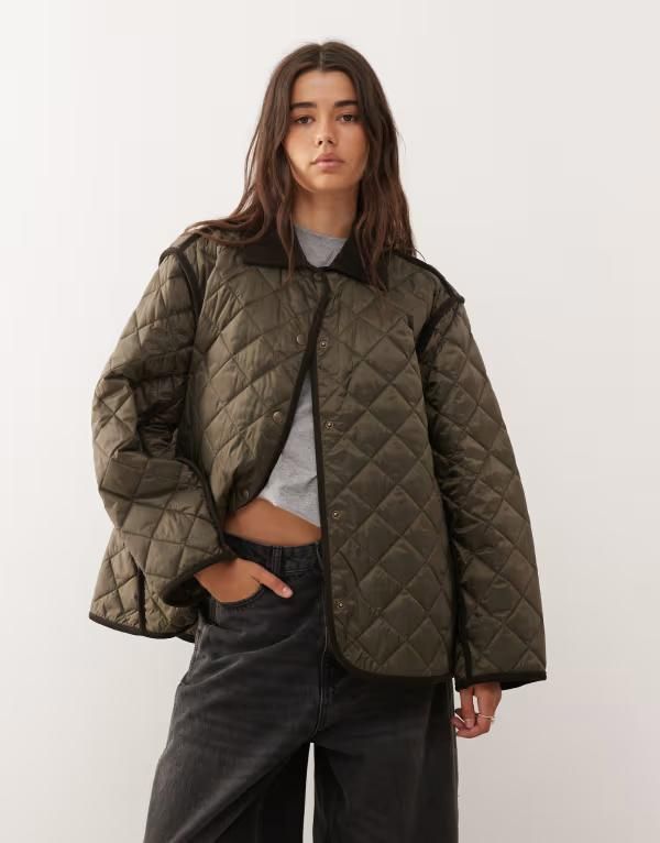 ウィークデイ レディース アウター ジャケット・ブルゾン キルティング コントラスト ジャケット Weekday quilted jacket with contrast collar in dark Dark brown ブラウン
