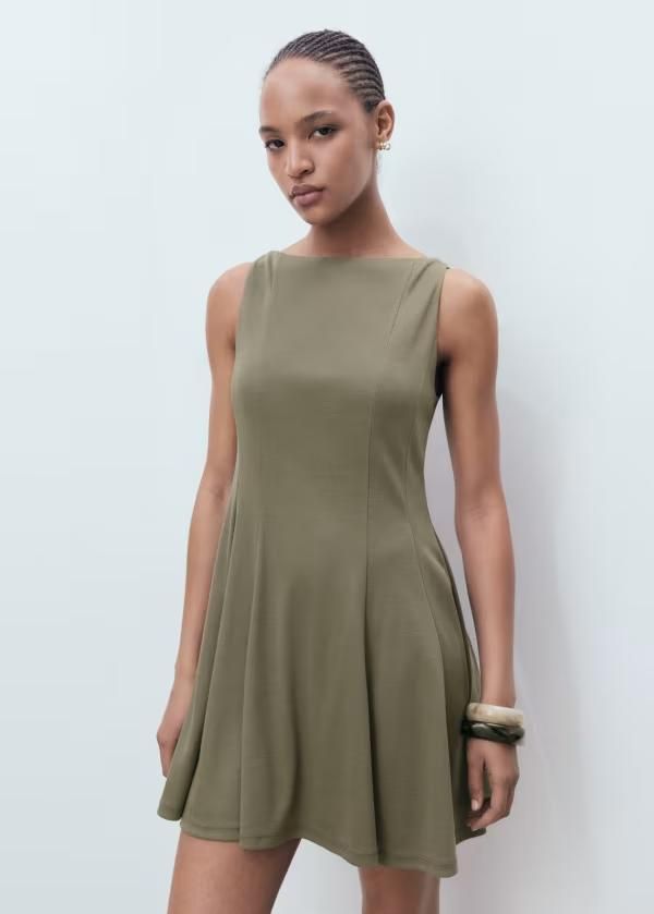 マンゴ レディース トップス ワンピース ミニワンピース ミニ ノースリーブ コットン Mango cotton mix sleeveless pleat detail mini dress Khaki カーキ