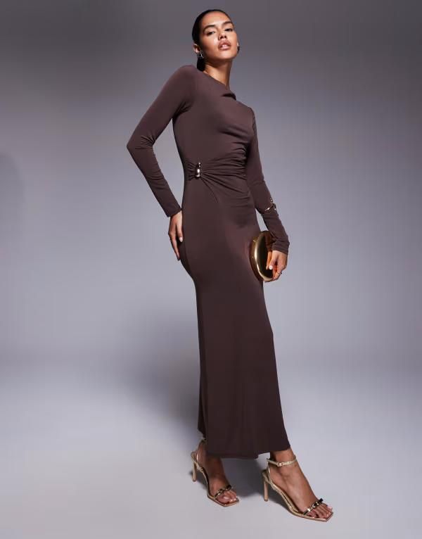 エイソス レディース トップス ワンピース ミディ ASOS DESIGN long sleeve twist hardware detail midi dress in chocolate チョコレート