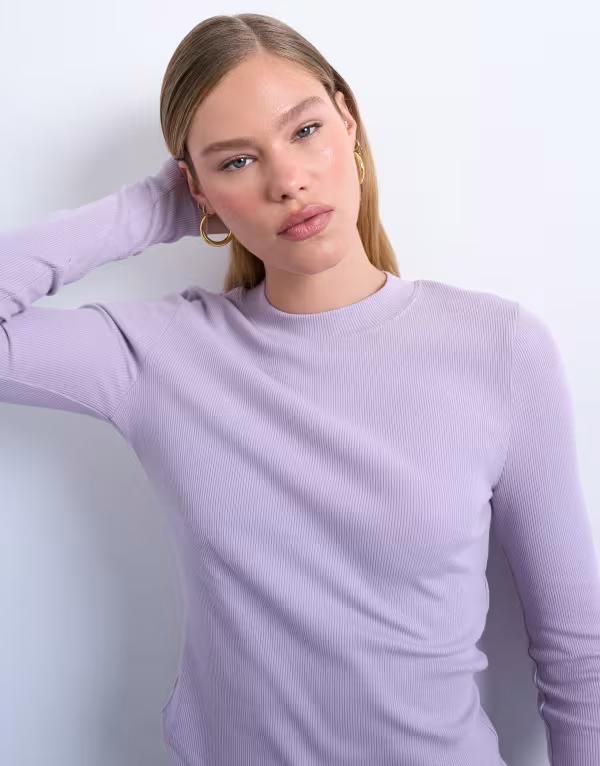 トップショップ レディース トップス Tシャツ リブ Topshop ribbed long sleeve curved hem top LILAC ライラック