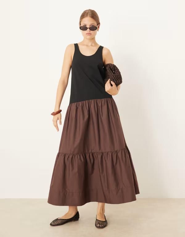 エイソス レディース トップス ワンピース マキシワンピース マキシ ASOS DESIGN scoop neck hybrid smock maxi dress Brown ブラウン