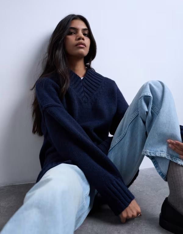 トップショップ レディース トップス ワンピース Vネック ミニット Topshop knitted high vneck mini oversizedress Navy ネイビー