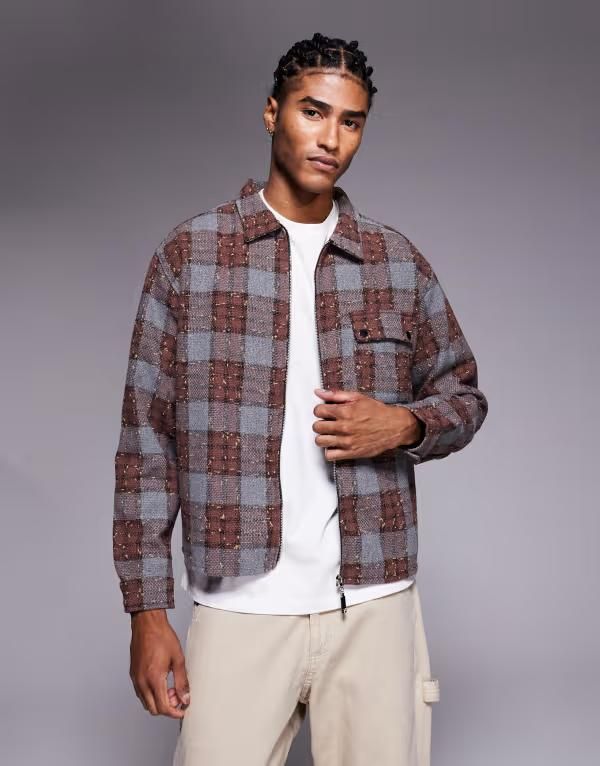 リキュールアンドポーカー メンズ トップス シャツ クロップド Liquor N Poker cropped flannel long sleeve shirt with zip up in tonal brown plaid BROWN ブラウン