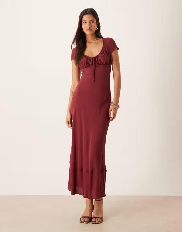 エイソス レディース トップス ワンピース ギャザー マキシ ASOS DESIGN ruched front puff sleeve maxi dress Burgundy バーガンディ
