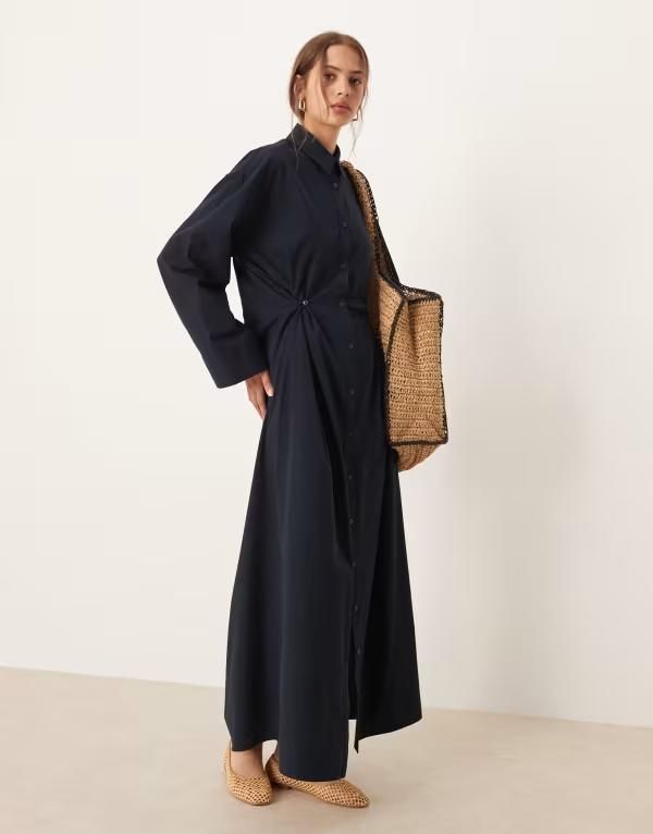 エイソス レディース トップス ワンピース シャツワンピース ウエストマーク シャツ マキシ ASOS DESIGN maxi shirt dress with cinched waist detail Navy ネイビー