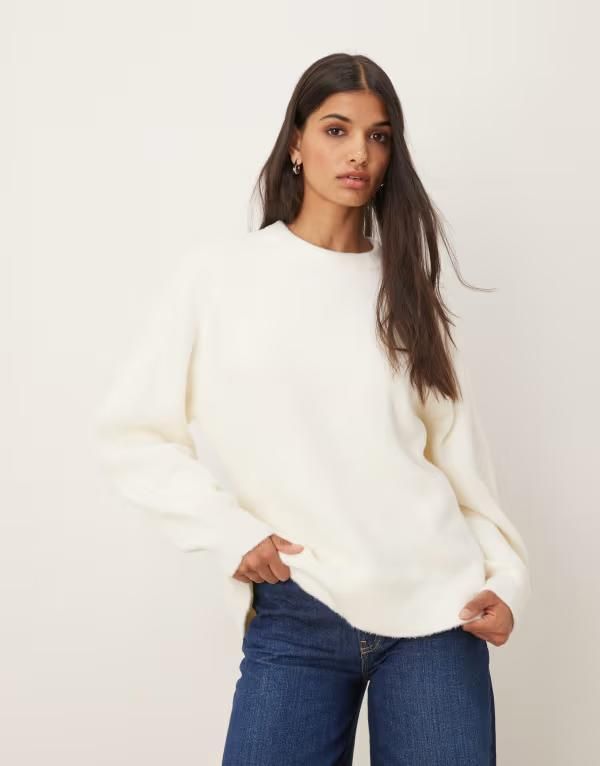 エイソス レディース アウター ニット・セーター クルーネック ASOS DESIGN structured softouch longline waisted crew neck sweater in cream クリーム