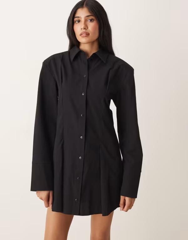 エイソス レディース トップス ワンピース シャツワンピース ミニ シャツ ASOS DESIGN cinched shoulder pads mini shirt dress Black ブラック