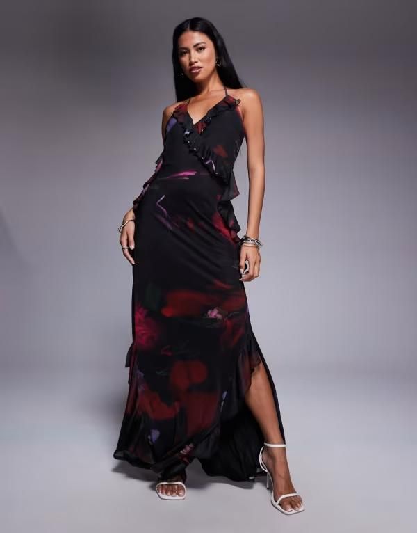 エイソス レディース トップス ワンピース マキシワンピース フラワー柄 プリント メッシュ マキシ フラワー ASOS DESIGN mesh cami frill detail maxi dress in floral print Floral Print