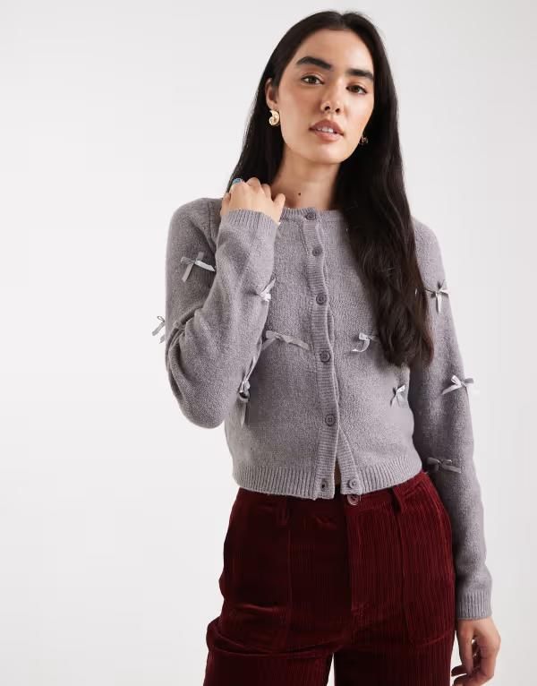 ブレーブソウル レディース アウター カーディガン Brave Soul cardigan with all overibbon bow detail Gray グレー