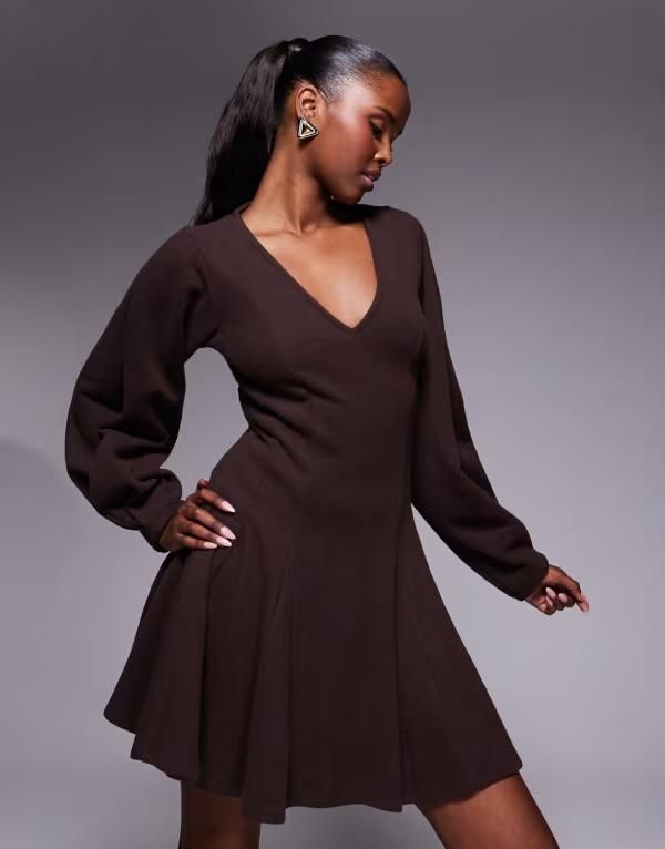 エイソス レディース トップス ワンピース Vネック ミニ ASOS DESIGN supersoft vneck fit and flare mini dress with seam detailing in chocolate チョコレート