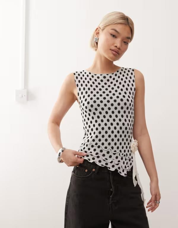 コルージョン レディース トップス タンクトップ ドット柄 ドット フリル ニット COLLUSION knit polka dot slash neck ruffle topolka dot ドット