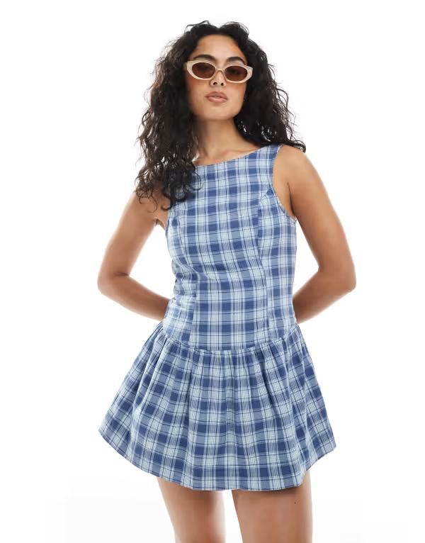 コットンオン レディース トップス ワンピース ミニワンピース ミニ Cotton On hallie dropped hem mini dress plaid BLUE ブルー