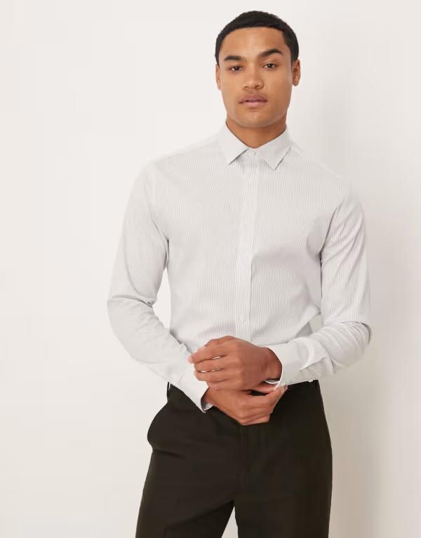 エイソス メンズ トップス シャツ スリムフィット ASOS DESIGN slim fit smart shirt stripe Gray グレー