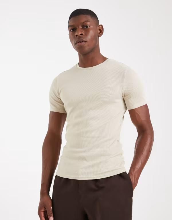 エイソス メンズ トップス Tシャツ ASOS DESIGN essentials muscle fitshirt rib Pelican ベージュ